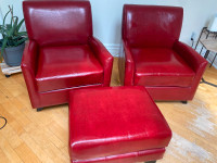 Pair of Leather Club Chairs with Ottoman