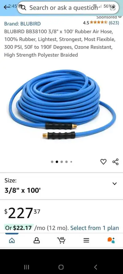 BLUBIRD 3/8 inch x 100 foot Rubber Air Hose brand new , View more