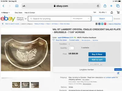 11 Val St Lambert Crescent Shape Crystal Itaglo Salad Plates, View more