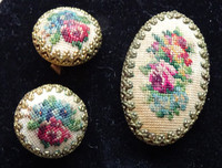 1950s PETIT POINT earrings set BROOCH / CLIP ON EARRINGS Austria