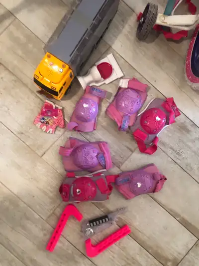 Kids bike, gear, helmet + Girls table and chair $7 and toy truck, View more
