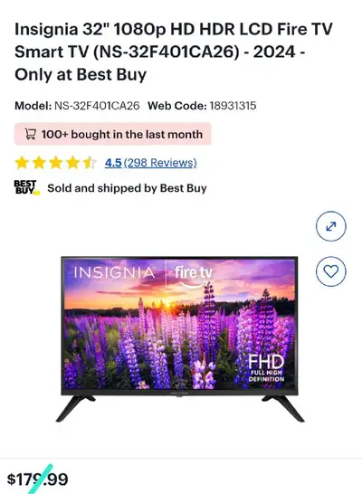 Insignia 32" 1080p FHD LED Smart TV Fire TV Edition; $100 - $110, View more
