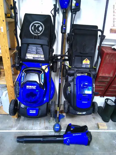 Kobalt 40v 20in self propelled for large areas + 16in push mower for small tight areas +blower + str...