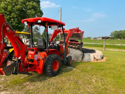 Backhoe 60” front bucket backhoe bucket 18”/12” hydraulic thumb. Comes with 60” bush hog rototiller...