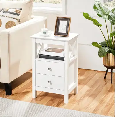 Nightstand with X Shaped Design, End Table with Drawers and Shelf, Side Table with Open and Closed S...