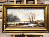 Vintage Oil Painting, Romantic Winter Landscape with Farmers, Ho