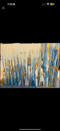 Blue Gold Foil Abstract Modern 100% Hand Painted Oil