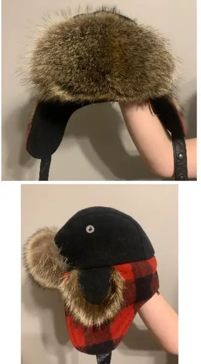 Buffalo Check Melton Shell Aviator Hat with Raccoon Fur Trim, View more