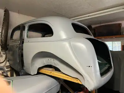 1937 Chev 2-door sedan body. Sandblasted and epoxy primed. New floor (body dropped 2”) and patch pan...