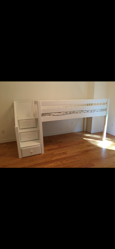 Kids twin size loft bed with stairs in white, View more