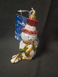 Plastic Red and Gold Tone Snowman Ornament