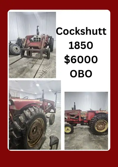 1850 cockshutt tractor with a front end loader, bale spear and bucket. Starts, runs, and drives. Sma...