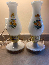 Vintage XL-Milk Glass Lamps Hand painted flowers Hobnail Base Hu