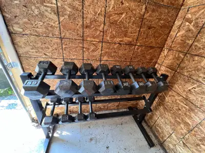 Hex dumbbells 40 - 15 Weight Rack Hoist incline bench Vo3 Upright bench 650 o.b.o.