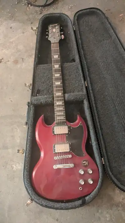 Epiphone SG electric guitar Cherry red and case, View more