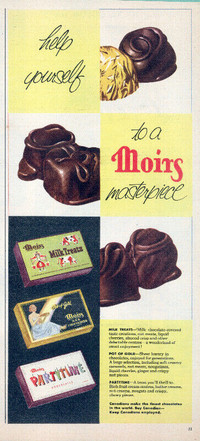1954 half-page vintage print ad for Moirs Chocolates