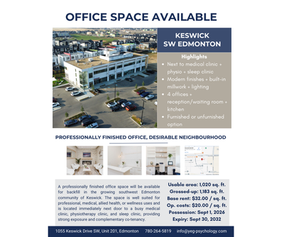 Beautiful Medical/Professional Office Suite Available in Keswick! 1,020 sq ft | $32/sq ft | Furnishe...