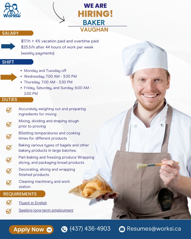 BAKER PERMANENT POSITION Bar, Food & Hospitality Mississauga