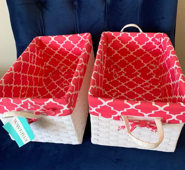 2 new storage-gift white baskets pink fabric lined Homesense in Bookcases & Shelving Units in Edmonton - Image 6