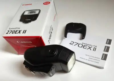 Selling used Canon Speedlite 270EX II Flash in good working condition. There is a small corrosion on...