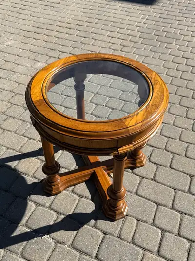 Round Oak Side Table 22 in. - Inset Glass Top, Solid Wood, View more
