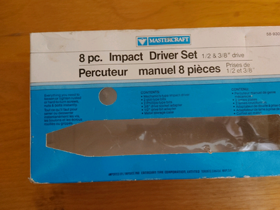 Mastercraft, hand held manual impact driver kit. Comes in metal case with 3 bits and socket adapter....