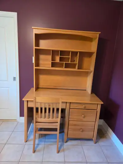 Solid wood desk with hutch/shelf and wood chair, View more
