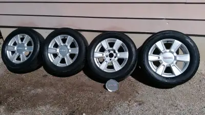 Yokohama AVID Ascend on 17" GMC Aluminum rims 5X120 bolt pattern. Good tread. Came off of a 2013 GMC...