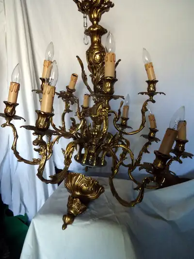 vintage ITALIAN gilded metal CHANDELIER 12 lights 30", View more