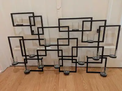 Wall mounted candle holder - Black metal with 14 glass votives, View more