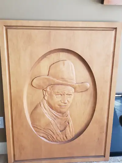 John Wayne Teak wood carved portrait, View more