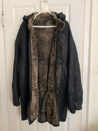 Designer Authentic Black Leather Jacket Coat with Hood sz 44 XL