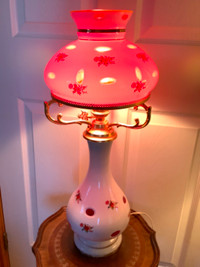 Vtg Bohemian White Cut to Cranberry Art Glass Lamp w Flowers