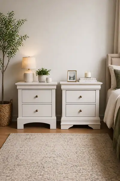 Refinished Neutral Nightstand Set w Antique Brass Knobs, View more
