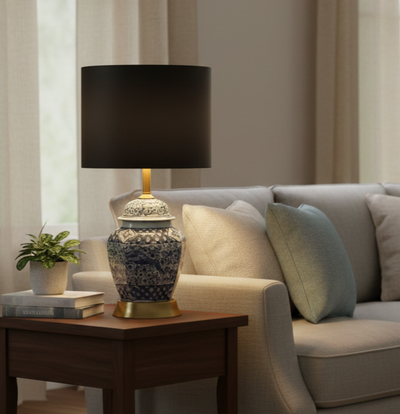 Blue & White Ceramic Table Lamp – Black Shade, View more