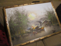 1970s ORIGINAL SIGNED OIL PAINTING $60 ORIENTAL MOORED BOATS