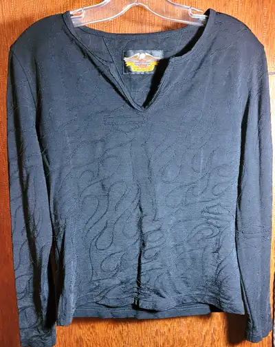 Circa 1990s Harley Davidson Black Flame Textured Knit Split Top, View more