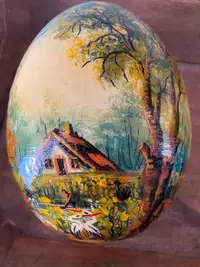 Vtg beautiful oil painted wooden egg