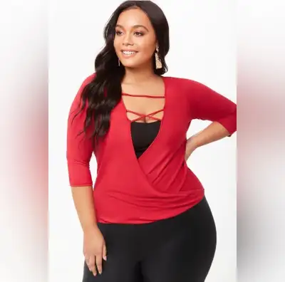 Plus size plunging crisscross surplice top Colour red, View more
