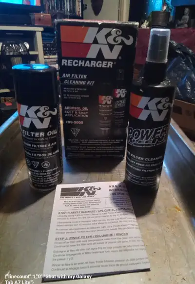 K & N air filter kit consists of cleaner for cleaning the air filter and oil to recondition it. Clea...
