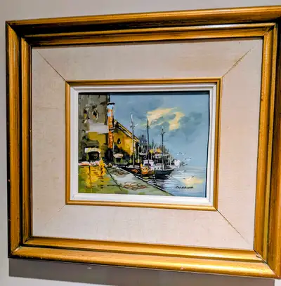 Original Framed Oil Painting - Harbor Scene with Boats, View more