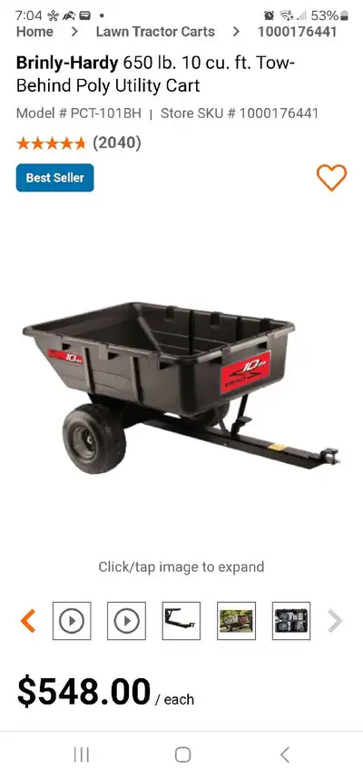 Like new Brinly-Hardy 650 lb, 10 cu. ft. Tow-Behind Poly Utility Cart is a reliable workhorse for yo...