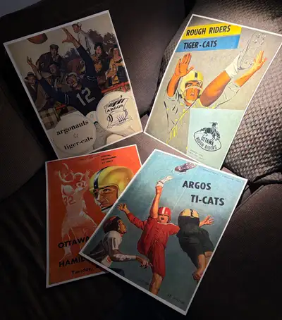 Vintage Hamilton Tiger-Cats (4) reprinted posters from stadium programs memorabilia. 50’s 60’s. Thes...