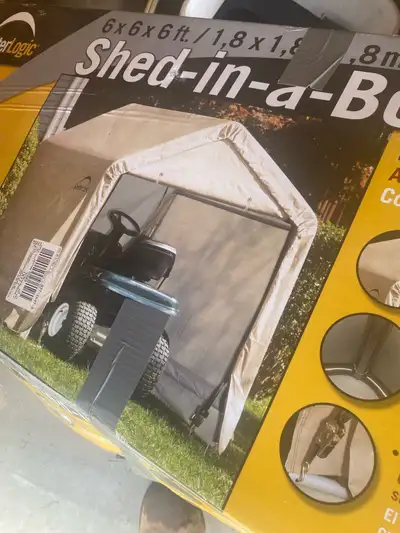 6x6x6 tarp shed in a box. No rips. Everything is there. No longer needed.