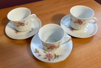 Three Bone China Tea Cups and Saucers.