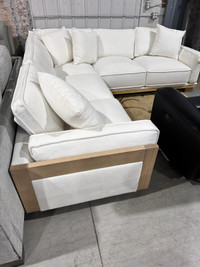 White fabric sectional wood trim
