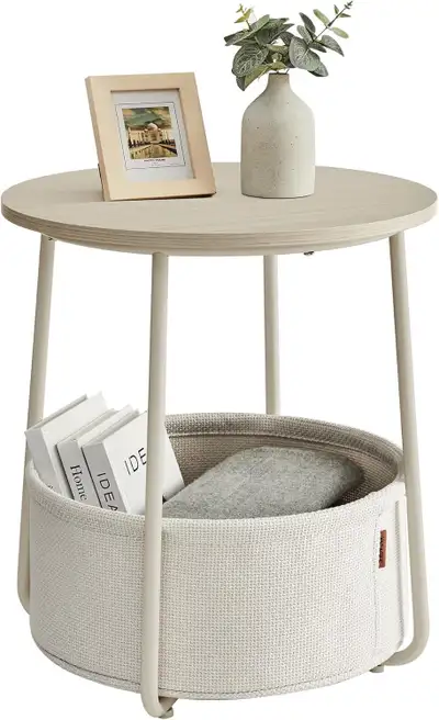 VASAGLE LILEA Round Side Table with Fabric Basket – Cream White, View more