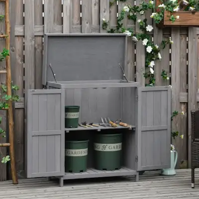 Wooden Garden Tool Storage Shed Kit with Hinged Roof, 2-Tier She, View more