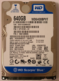 WD Scorpio Blue 640 GB SATA-2 HD for sale!