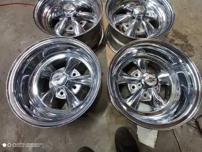 Set of vintage Cragar rims. Fronts are unilug 14x7 the rears are 14x8 bolt pattern 5x4.75 Great driv...